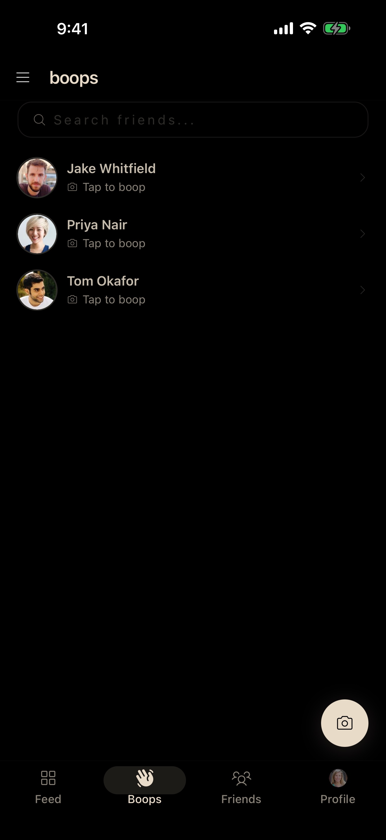 boopr boops screen with a list of friends ready to boop