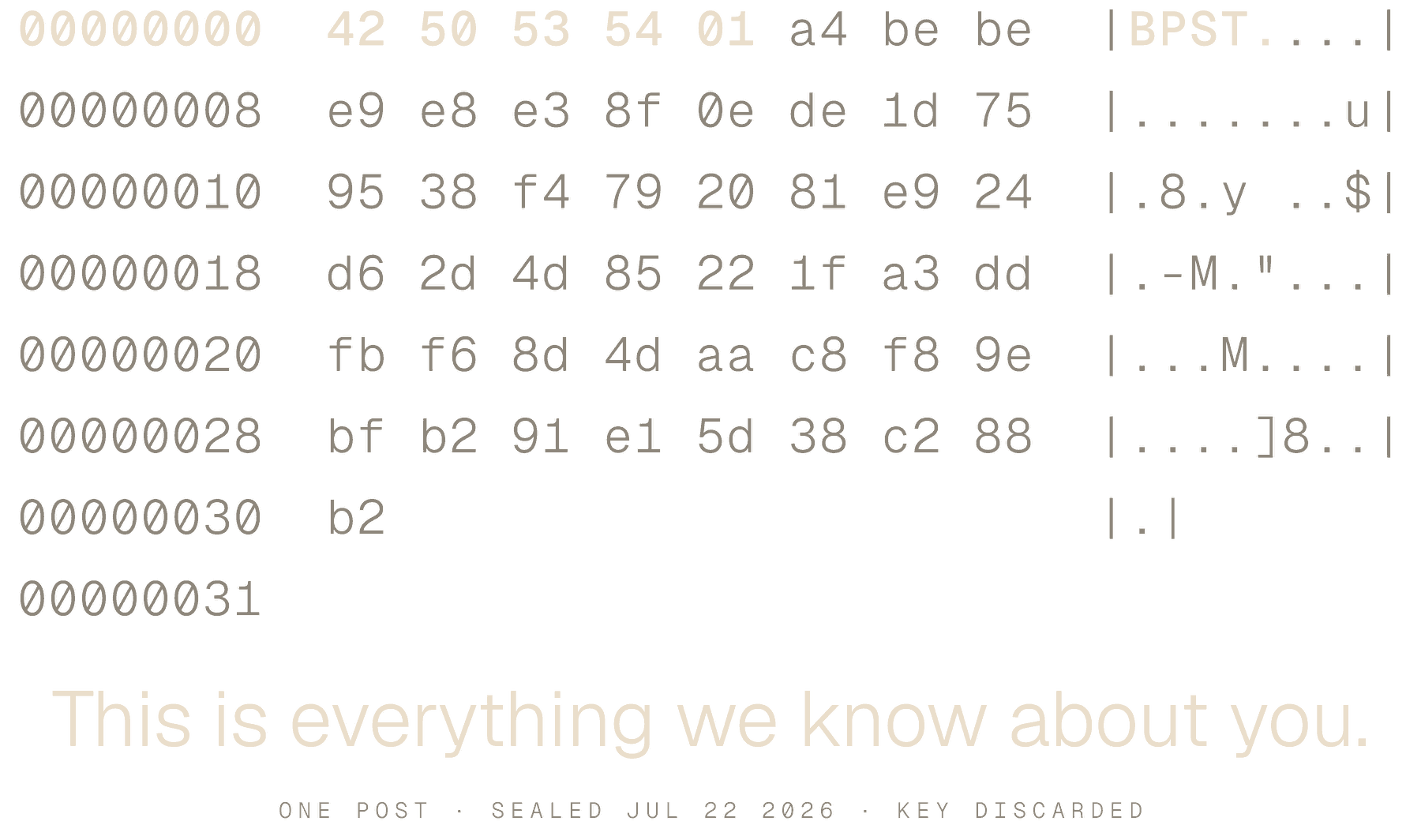The back print: a hex dump of a 49-byte encrypted boopr message, ending with the line This is everything we know about you.