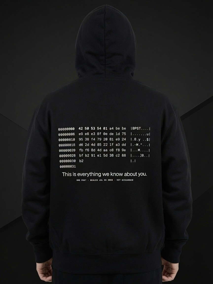 The hoodie worn from behind, showing the printed hex dump across the back