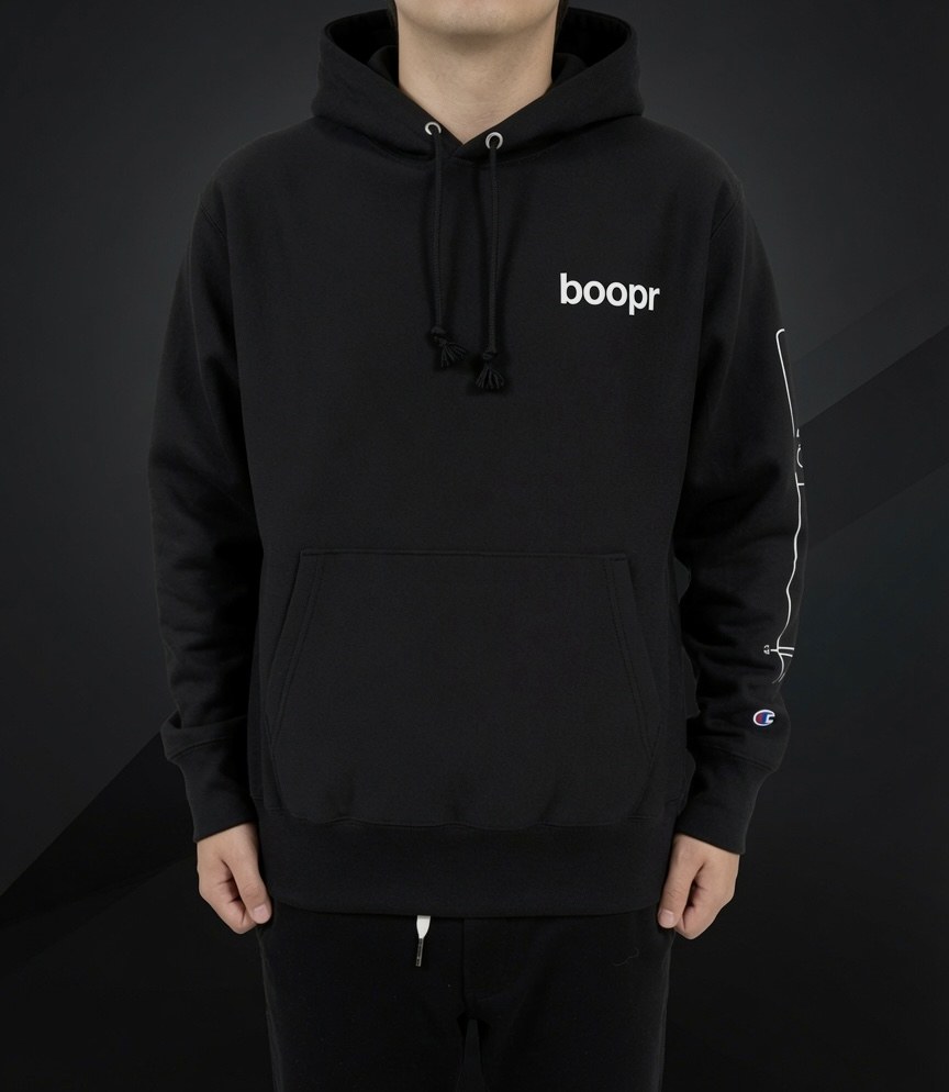 The hoodie worn, showing the boopr wordmark on the chest