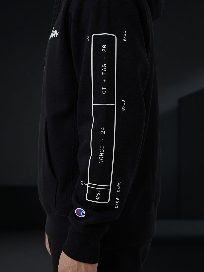The hoodie worn from the side, showing the byte map running up the left sleeve from the cuff